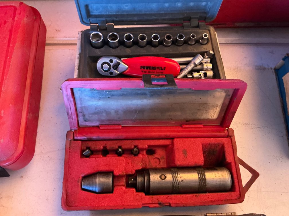 Blue Point 1/8" Die Grinder - Model: AT1070A, Craftsman 1/4" Ratchet & Socket Set With Case And 3/8" Impact Driver With Case (No Brand Shown)