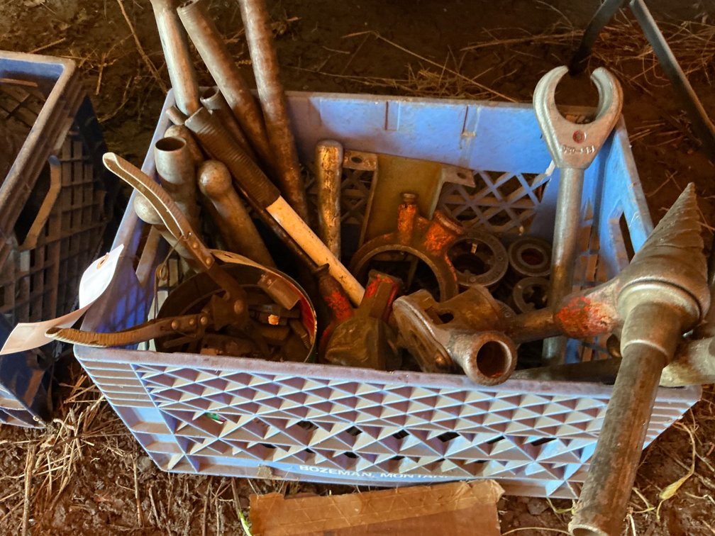 Plastic Crate Containing - Ridgid No. 2 Spiral Reamer, Toledo No. 11 Reamer, FE Wells & Son Manual Ratchet Pipe Die Threader, (4) Assorted Toledo Dies And More