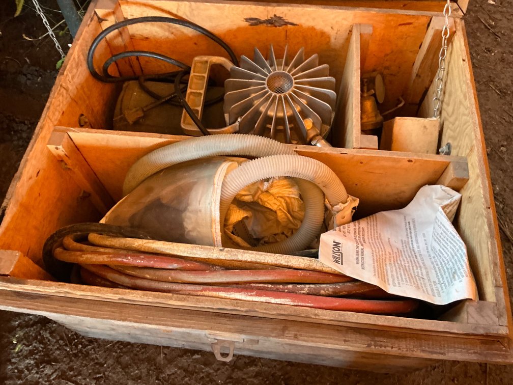 Wooden Crate Containing - Vintage Scott Respirator 6360 Series Bureau Of Mines Approval, Air Hose, Plastic Air Hood Respirator With Vent Tube, Plastic Drop Cloth, AC Corded 1/3Hp Motor, and More