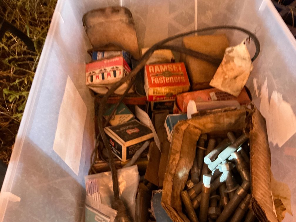 Plastic Tub (About 1/2 Full) Containing Assorted Ramset Fasteners, Bolts, Toggle Bolts, Hanger Bolts, Door Hinge Spring Pivots, And More