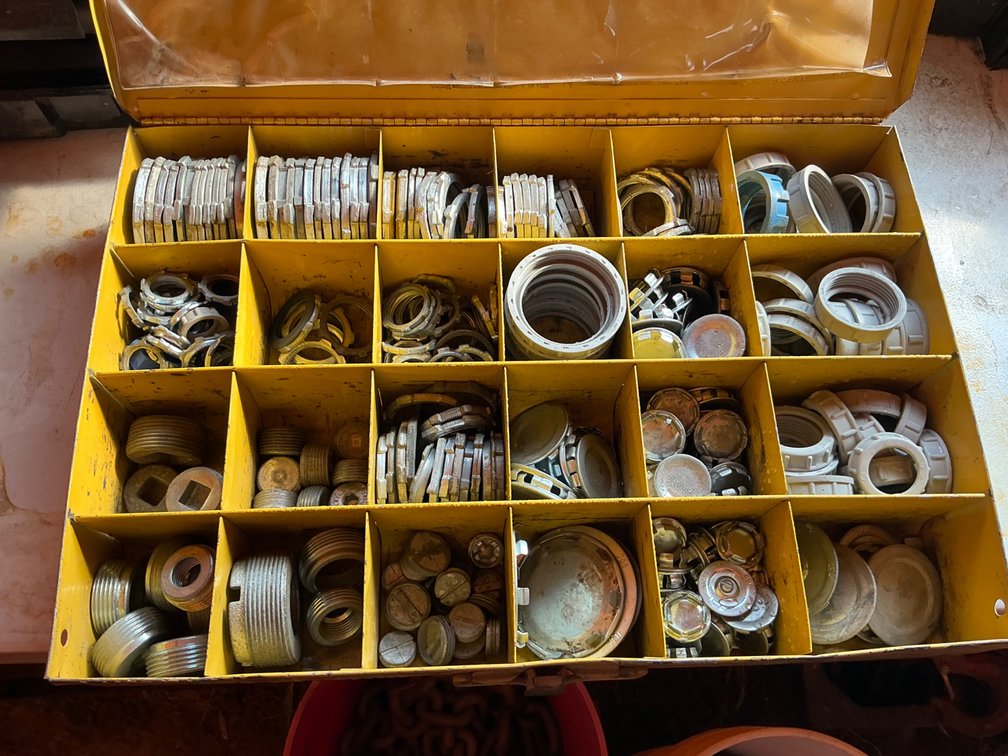 Kar Products Parts Drawer Cabinet (24) Bins - With Assorted Conduit Locknuts, Knockout Plugs, Plastic Conduit Insulating Bushings & More