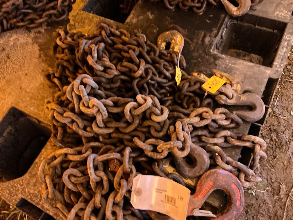 (1) 20'L 3/8" Chain With Hooks On Both Ends, (1) 15'L 3/8" Chain With Hooks On Both Ends, And (1) 3/8" Lifting Chain With Spring Hooks On Both Ends