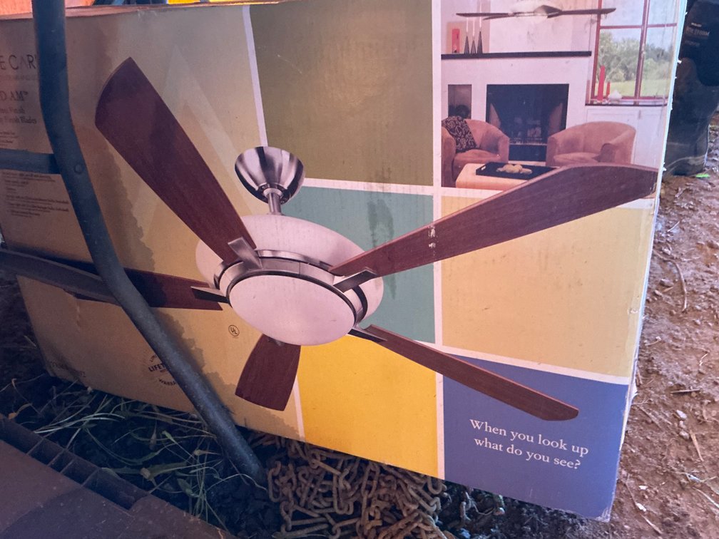 Monte Carlo Grand Am Brushed Steel Finish Ceiling Fan - Model: 227892, Mahogany Finish Blades, 52" Span, 5-Blade (Unused)