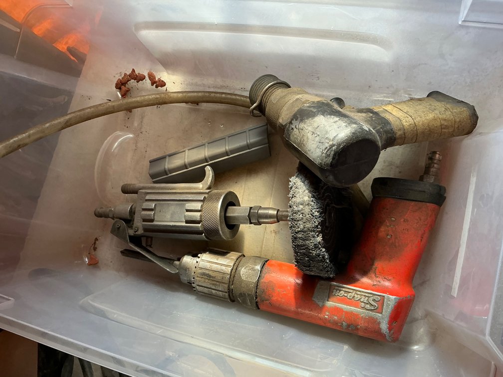 Snap-On PD30 Pneumatic Air Drill, Pneumatic Die Grinder (No Brand Shown), And Pneumatic Riveting Hammer (No Brand Shown, Missing Air Hose Connectors)
