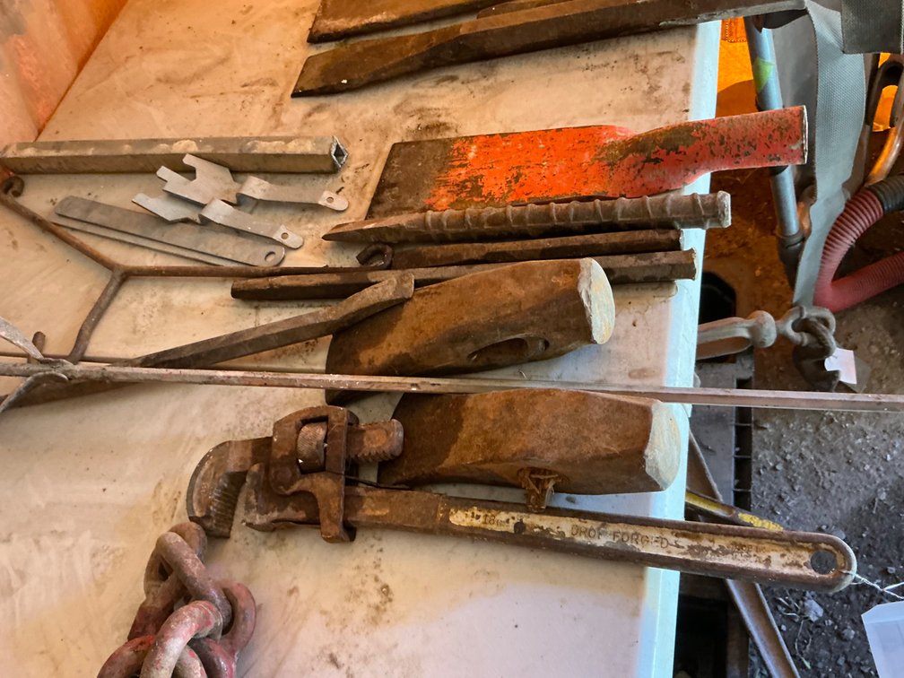 Assorted Tools - Pipe Wrench, Paint Mixing Bit, Hatchet Heads, Pry Bar & More