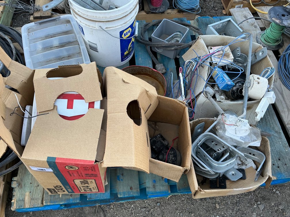 Pallet Of Assorted Electrical Components - Conduit Fittings, Thermostats, Control Switches, Switch Boxes, Lighted Exit Signs, And More