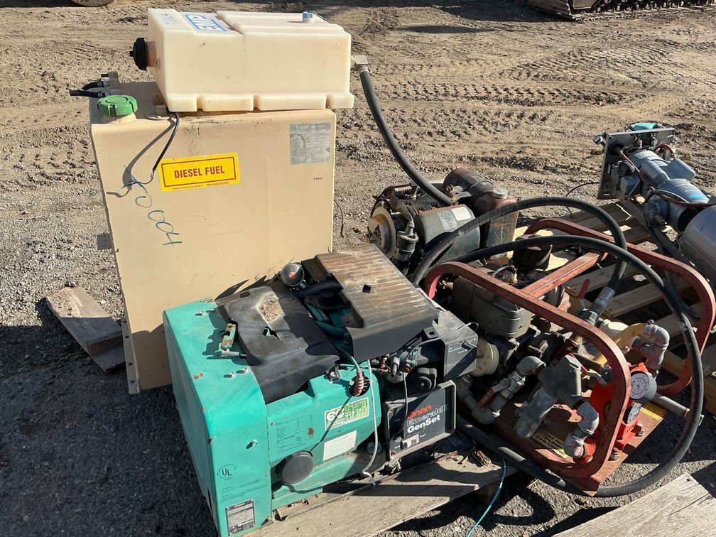 Pallet Containing - (1) 36-Gallon Steel Aux Fuel Tank, (1) Rice Hydrostatic Test Pump, (1) Kohler Small Engine, And (1) Onan Emerald I Generator (For Parts)