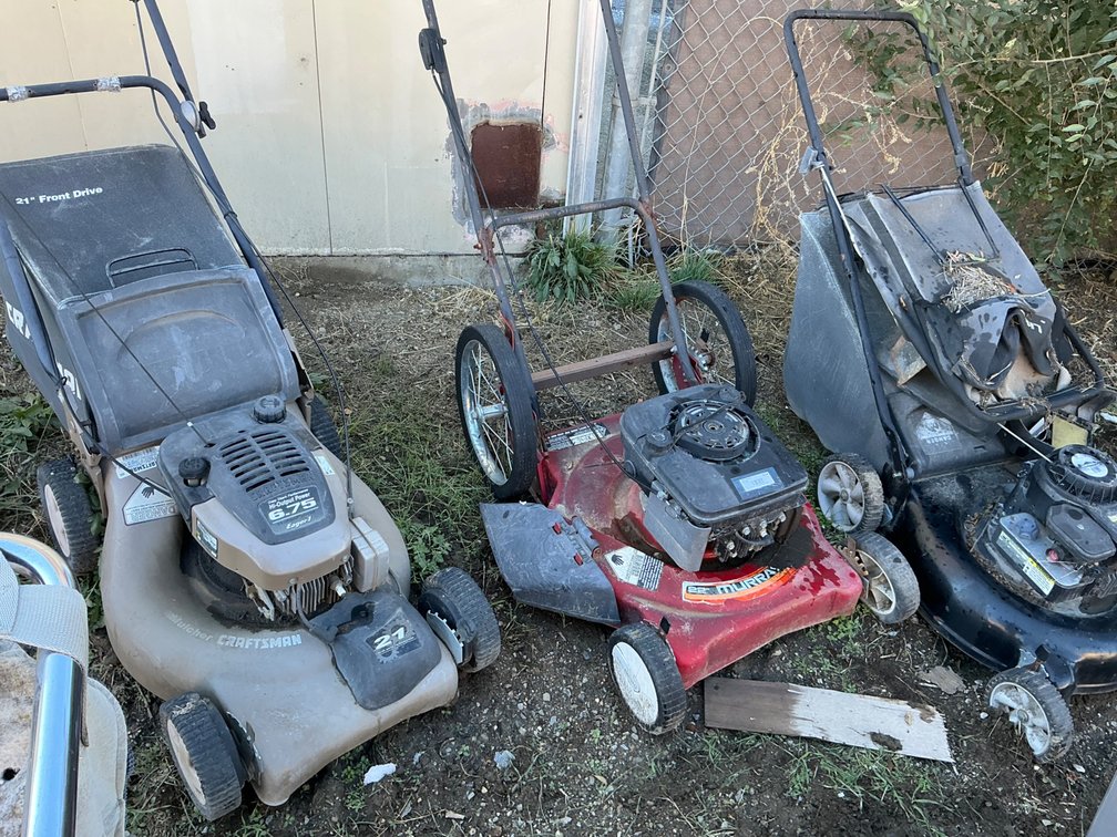 MTD Yard Machines 4.5Hp, 21" Cut Push Mower - Rope Start Will Pull - But Super Hard, Murray 22" Push Mower (Engine Seized), And Craftsman Mulcher 21" Cut Push Mower - Rope Start Will Pull - But Hard, And Doesn't Want To Retract