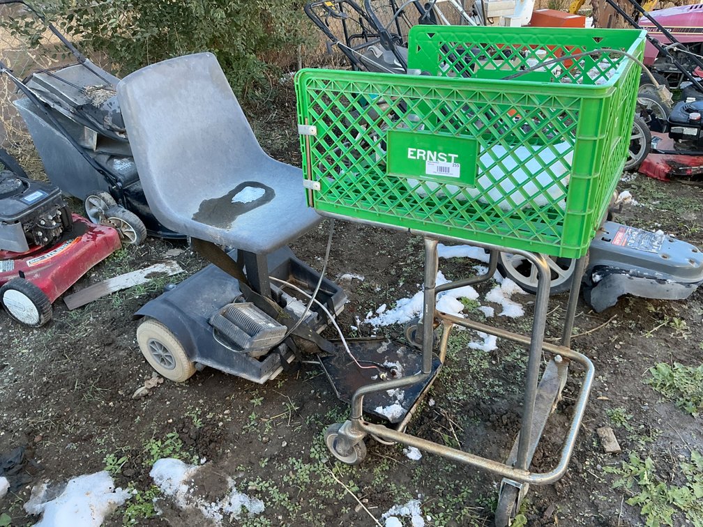 Custom Made Scooter With Shopping Cart Front - Has Key, Has Mobiline Battery Charger With It (Unknown Running Condition, No Battery, Dash Taken Apart)