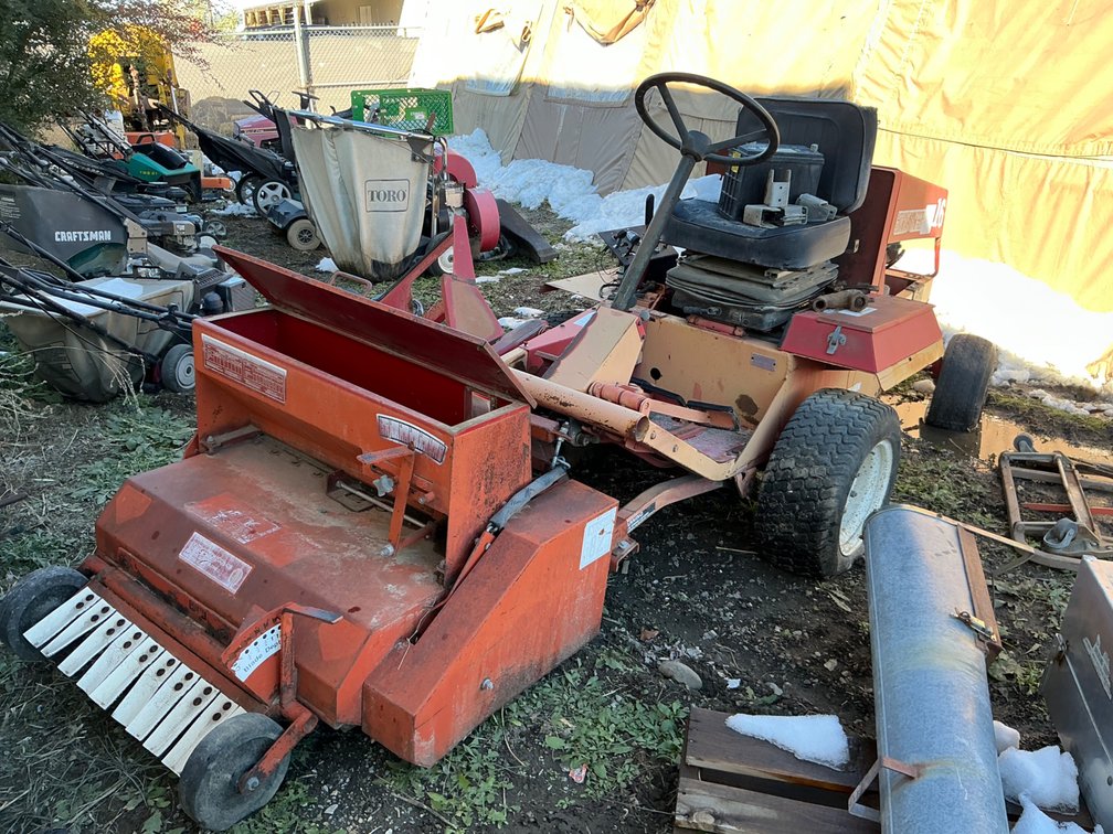 Toro Groundsmaster 327 - With Continental R08 4-Cylinder Engine, Showing 3358 Hours, Olathe Aero Seeder Mounted On Front, (3) Rear Weights, Front PTO (Unknown Running Condition, Poor Rubber, Flat Tires, Poor Seat, Rusted, Missing Panels, Exposed Wires)