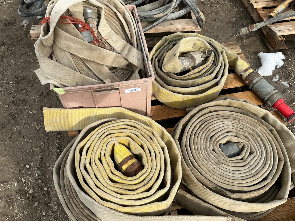 Pallet Of (6) Canvas & Rubber Fire Hoses - From 1-1/2" To 4", Some Have Couplers On Both Ends, Some Only One End, And Tub With Oxy/Acetylene Hose, (2) Victor Gauges And Victor 100 Torch