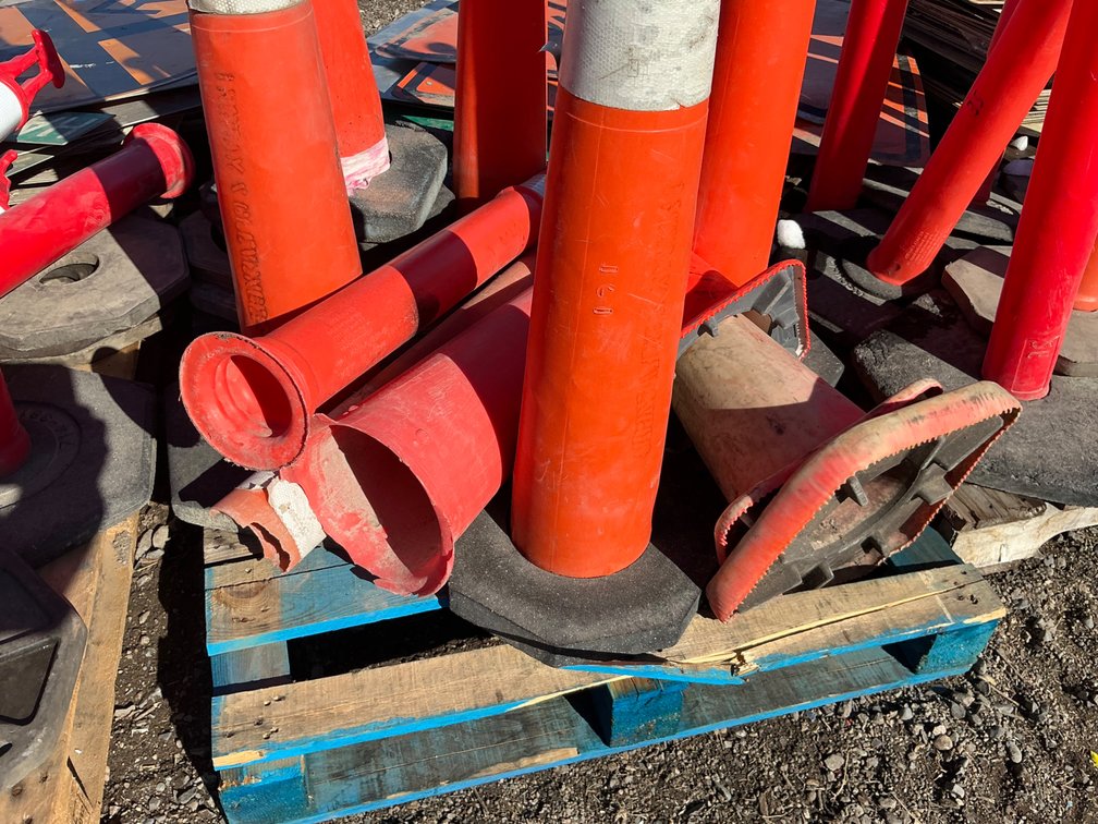 Pallet Of Construction/Safety Candlesticks & Bases - Approximately (8) Pieces, And (3) Safety Cones