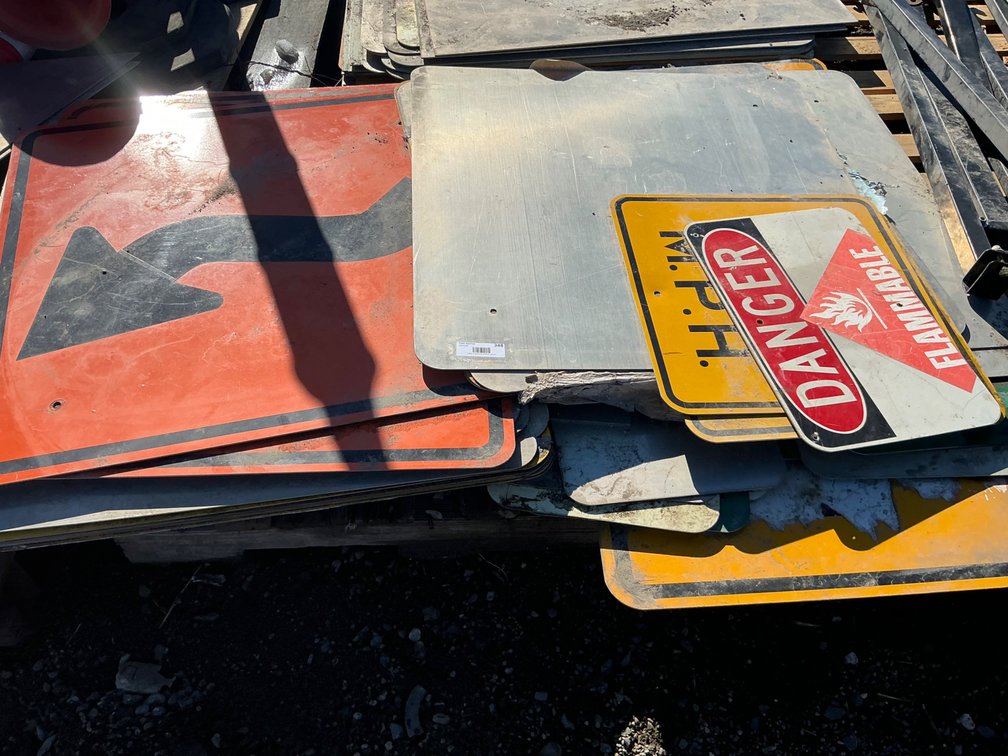 Pallet Of Assorted Roadway Signs - "Detour", "Danger Flammable", Directional Arrow Signs, MPH Signs, Street Signs & More