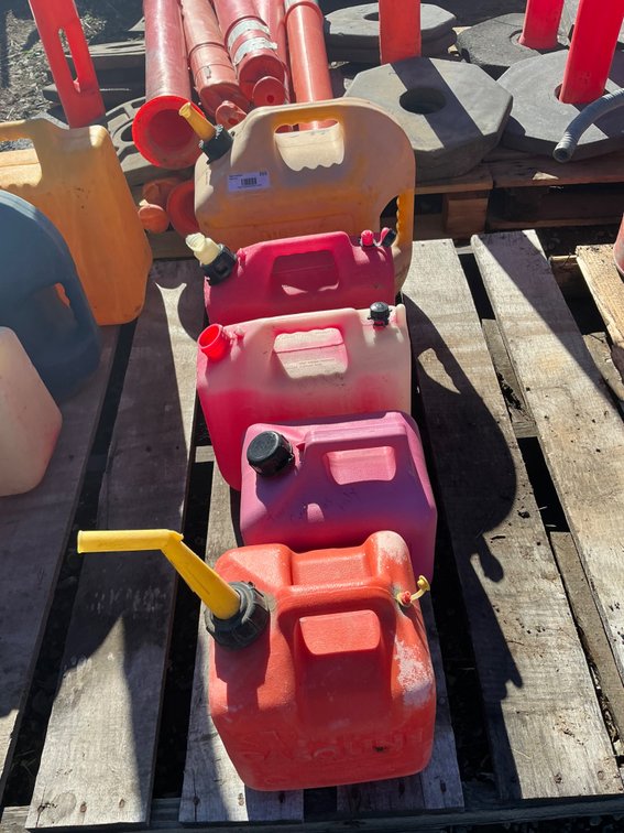 (5) Poly Gas Cans - (1) Is 2-Gallon, (3) Are 2.5-Gallon, (1) Is 5-Gallon Diesel