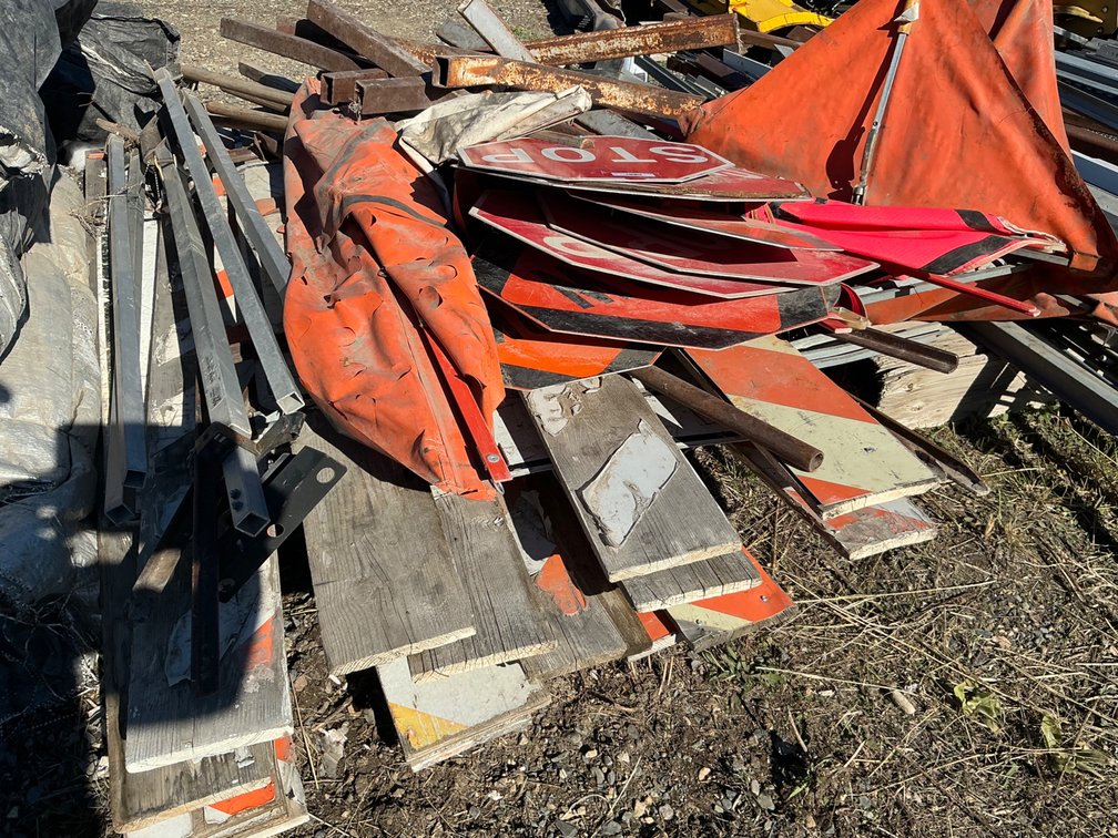 Pallet Of Assorted Roadway/Construction Signs, Warnings & Barriers - Stop Signs, Slow, Men At Work, Caution, Metal Sign Stands And More