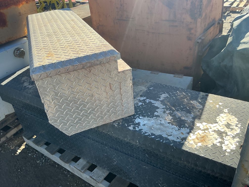(1) Delta Aluminum Truck Toolbox - 47"L x 17"D x 17"H, (1) Aluminum Truck Toolbox - 72"L x 20"D x 18"H (No Brand Shown), And (1) Metal Lockbox - 26"L x 14"D x 12"H