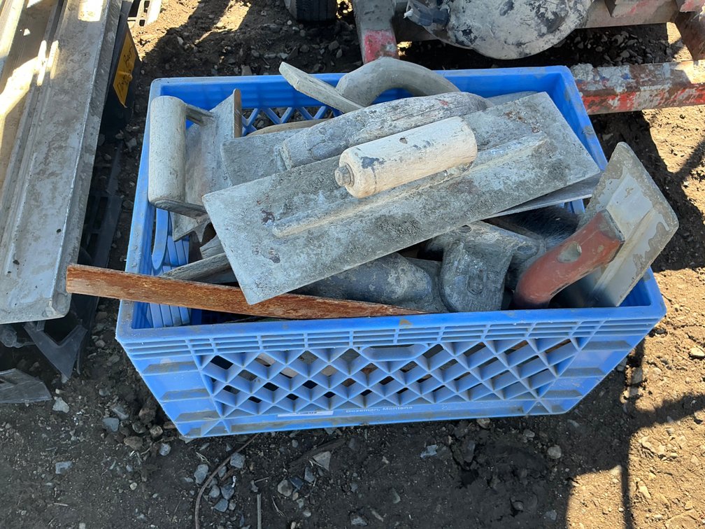 Plastic Crate Containing Concrete Finishing Trowels - Approximately (14) Pieces - Wooden Finishers, Crease Markers, Hand Floats & More