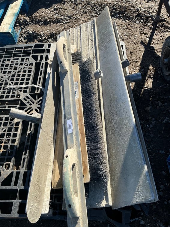 Group Of Concrete Finishing Tools - (3) Bull Float Heads - 48"L x 8" (No Handles), (2) Finishing Brushes, (1) 42" Finish Trowel, And (1) 36" Finish Float (No Handle)