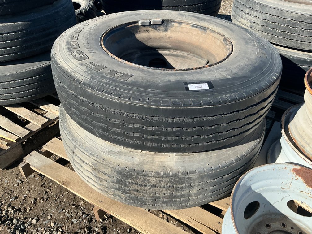 (2) 11R22.5 Tires On 10-Lug Steel Wheels - Good Tread