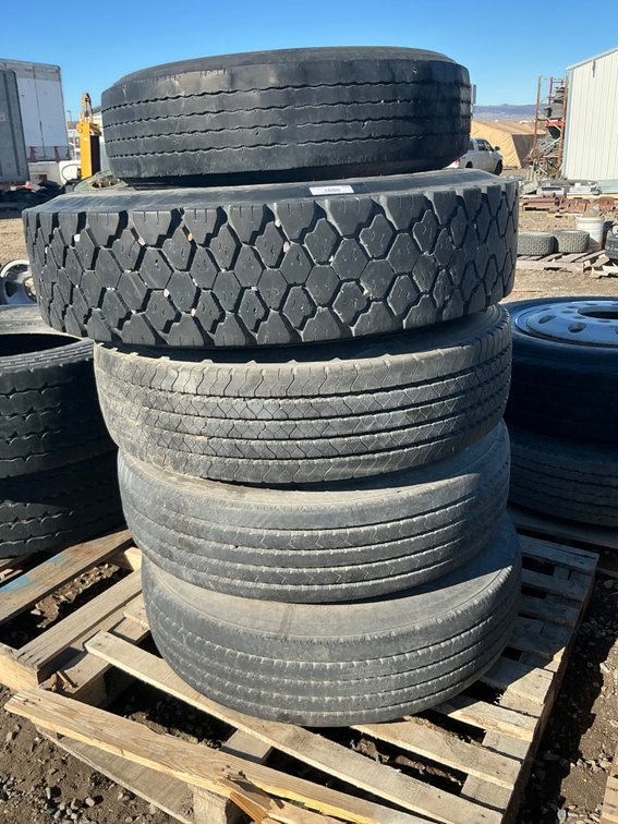 (3) 225/70R22.5 Tires With 10-Lug Steel Wheels (Fair Tread), (1) 11R22.5 Tire On 10-Lug Steel Wheel (Fair Tread) And (1) 10R17.5 Tire (No Wheel, Poor Tread)