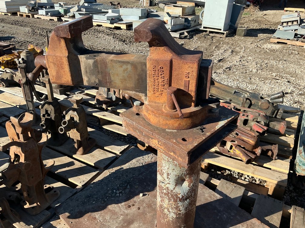 Columbian Large Free Standing Shop Vise - Model: #606, 6"W Bite, 16"L Throat, Mounted On Metal Pedestal Stand, Base Is 42"L x 27"W, 36"H Overall