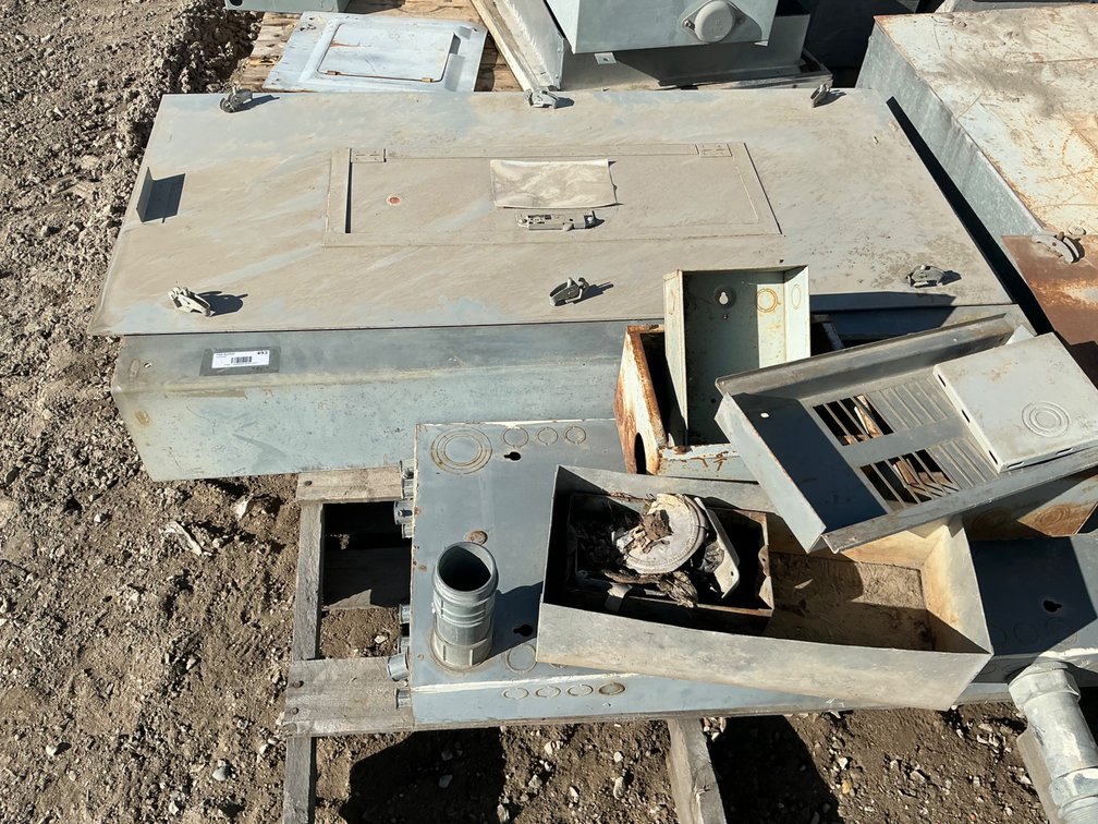 Assorted Metal Electrical Boxes - (1) Is 47"L x 20"W x 7"D, (1) Is 34"L x 15"W x 4"D, And (4) Assorted Small Breaker Boxes