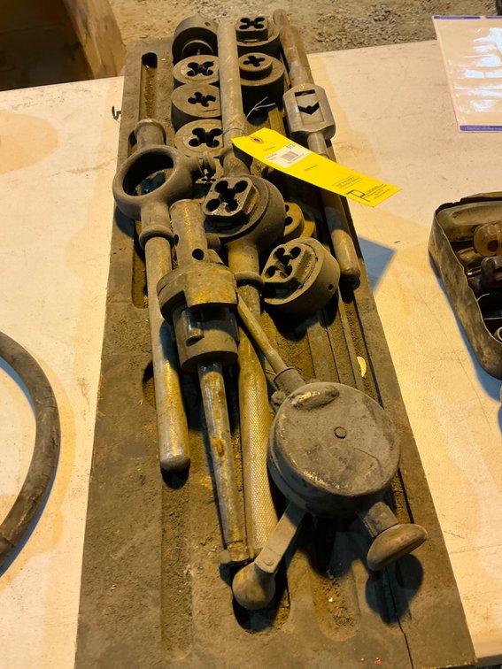 Box Of Threading Dies & Handles And Valve Lapping Tool
