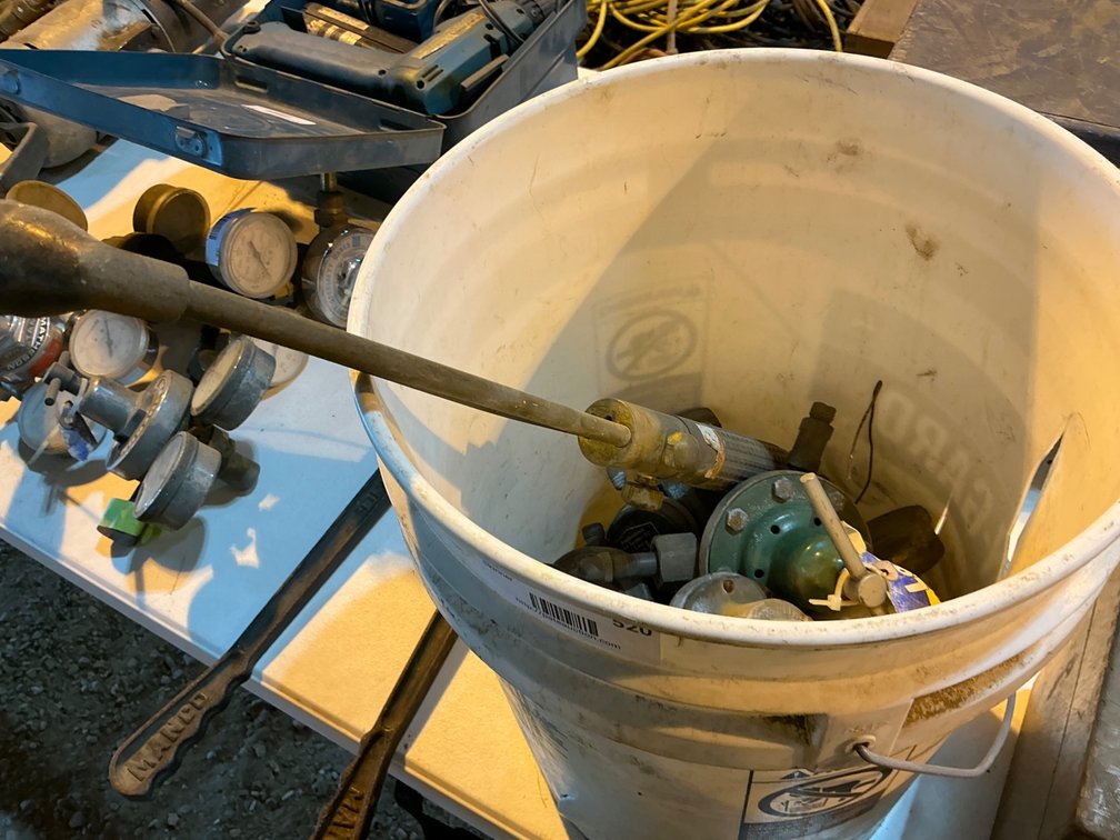 Bucket Containing - (4) Oxy Acetylene Gauges, And (1) Vintage Brass Cutting Torch
