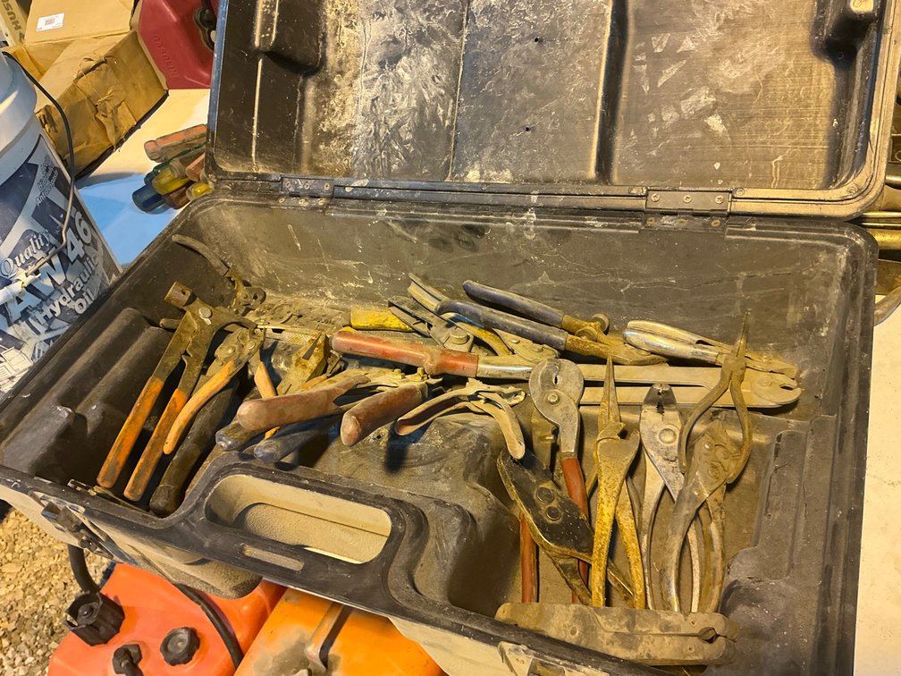 (1) Plastic Tool Case With Assorted Specialty Pliers, Cutters, Rivet Guns, Electrical Pliers, Ring Pliers & More