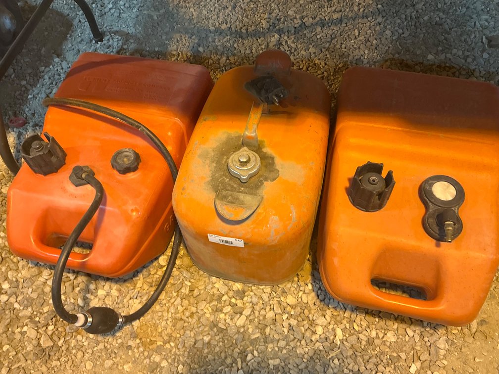 (2) Tempo Poly Boat Fuel Cans - 6-1/2 Gallon, And (1) OMC Metal 6-Gallon Boat Fuel Can