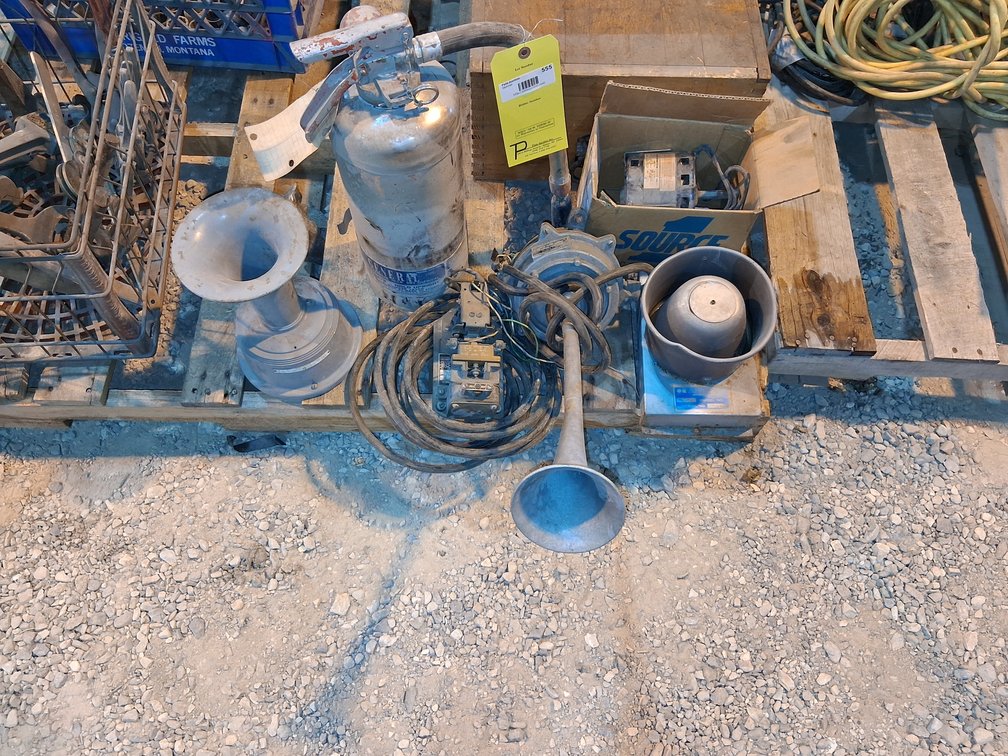 Vintage Fire Extinguisher, Vintage Adaptahorn, Vintage Alarm Bell, Vintage Electric Horn, And AO Smith Blower Motor