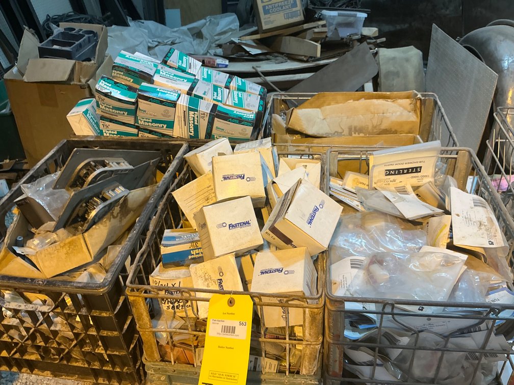 (5) Crates - Containing Assorted Screws, Fluted Masonry Nails, Assorted Wall Anchor Fasteners, Toggle Bolts, And More