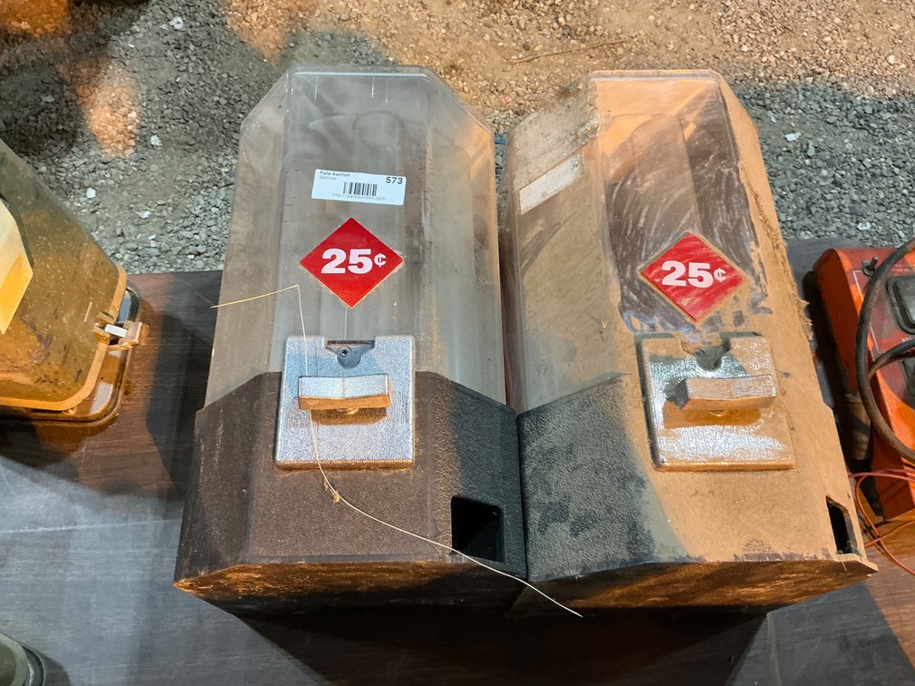(2) Mintomatic Series 2000 25¢ York Peppermint Patty Plastic Dispensers - Countertop Units (Crazing On Plastic, No Keys) - Each Unit Measures - 15"H x 9"W x 10"D