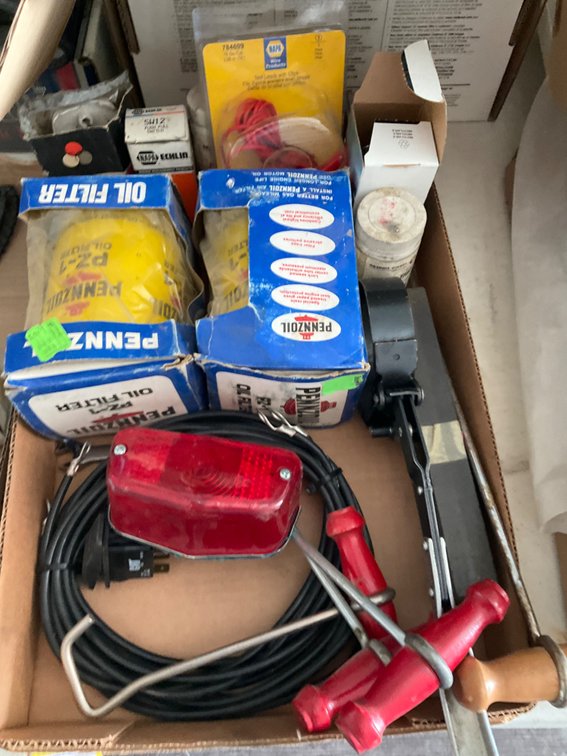 Assorted Parts and Tools: Oil Filter Wrench, Ignition Switch, (2) P21 Penzoil Oil Filters, Brake Light, Etc.