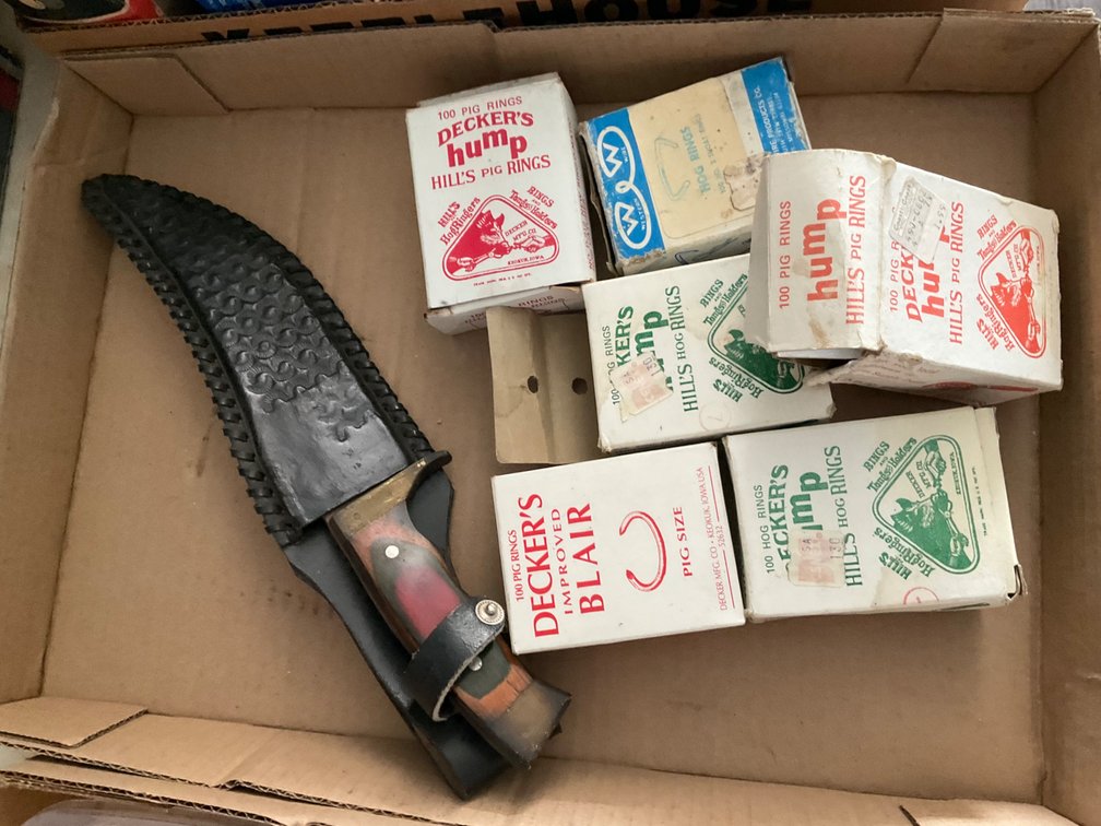 Fixed Blade Knife with Sheath and Approximately (6) Partial Boxes of Pigs Rings