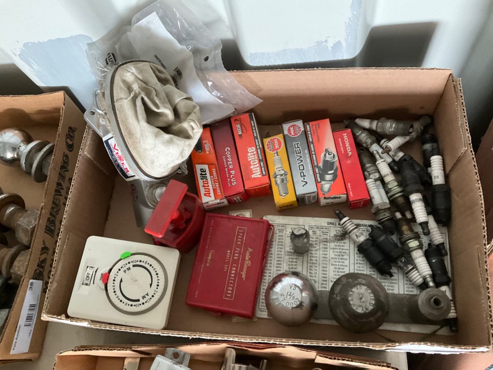 Assorted Spark Plugs, Vixen Spark Plug Cleaner, Thermostat and Other Miscellaneous