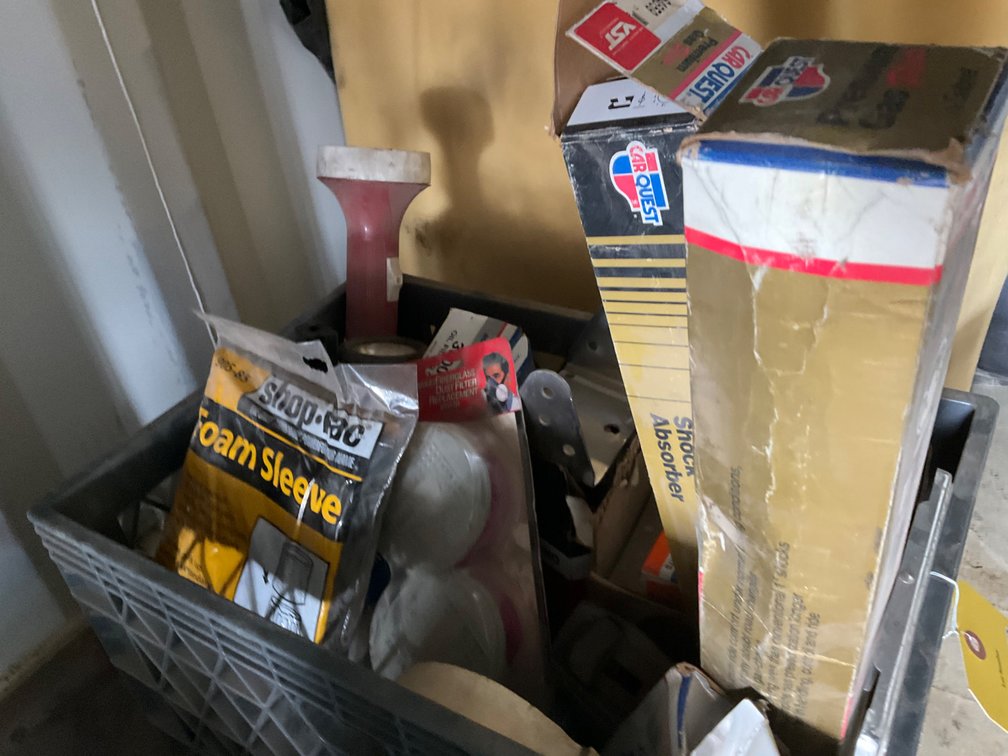 Crate of Assorted Car Parts - Shocks, Radiator Caps, Electrical Light Hookups, Fuel System Parts and More