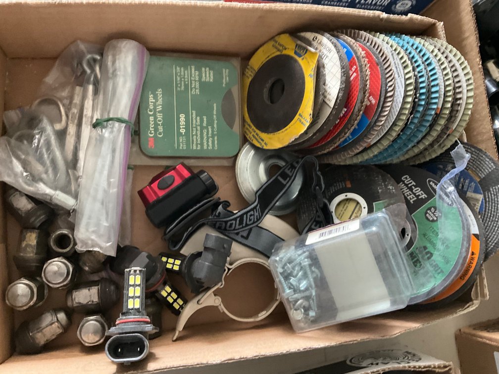 Assorted Grinding Disks, LED Headlights, Lug Nuts, Head Lamp and Other Miscellaneous