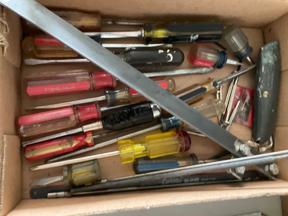 Assorted Screw Drivers - Phillips and Flathead, Box Cutter, Drill Bits and More