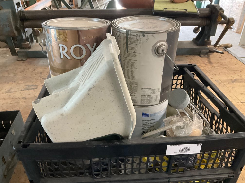 Crate of Assorted Painting Supplies - Rollers, Paint, Caution Tape Etc.