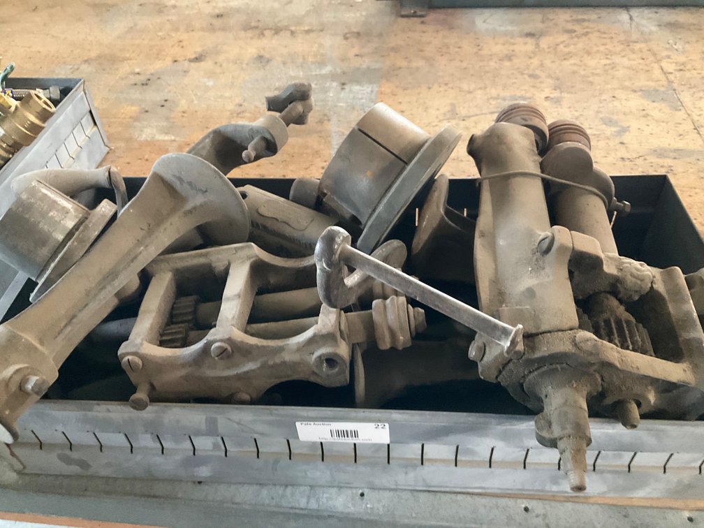 Metal Bin Full of Assorted Hand Crank Sheet Metal Tools and Parts