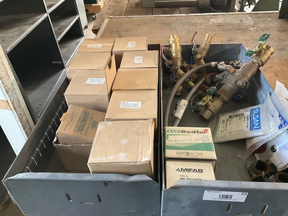 (2) Metal Bins with Assorted Brass Fittings, (8) Marsh Y22006 Tridicator Boiler Gauges and Other Miscellaneous Parts