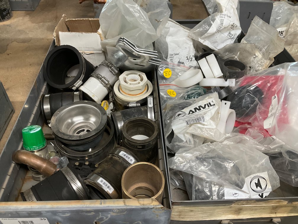 (2) Metal Bins with Assorted Plumbing Supplies - Rubber Couplers, Hangers, PVC Reducers, Etc.