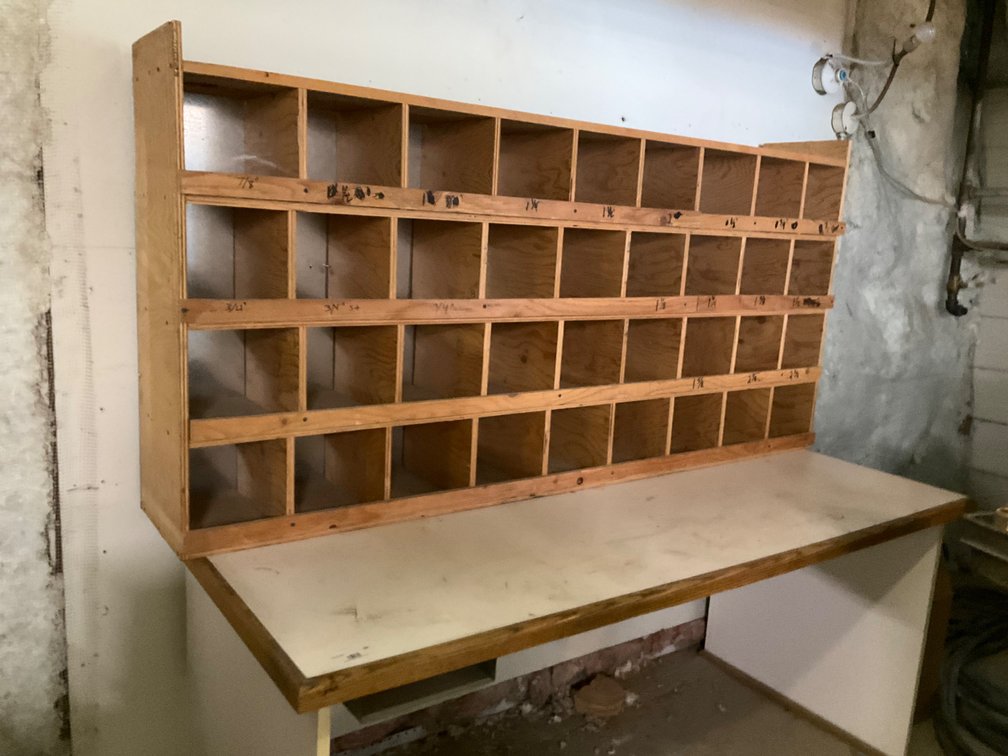 Wooden Table/Desk - 72" x 32" and (27) Cubby Custom Made Wooden Parts Bin