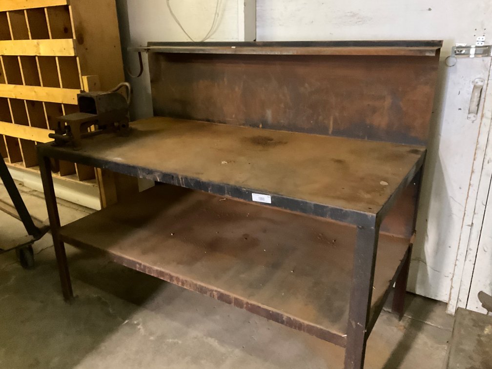 Metal Work Bench - 60" x 32" with Vintage Johnsons No. 502 2-Burner Cast Iron Bench Forge Furnace