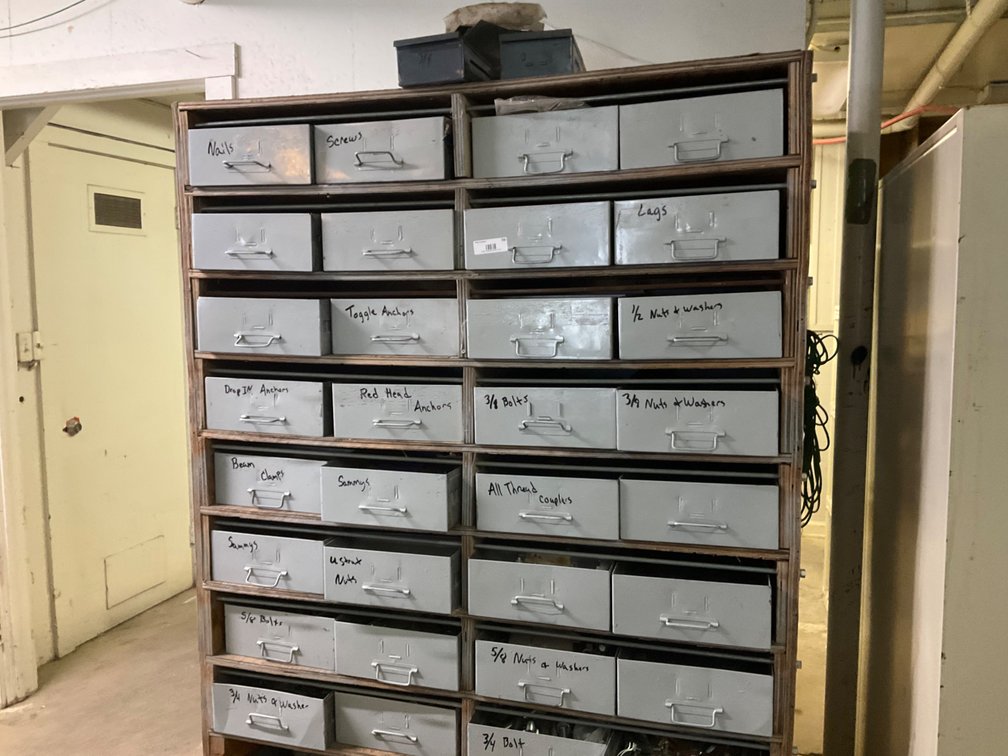 (32) Cubby Custom Made Parts Bin with Assorted Parts, Nuts, Bolts, Sammy's, Anchors, Lag Bolts, Strut Nuts, Hangers, Strut Hangers, Etc.