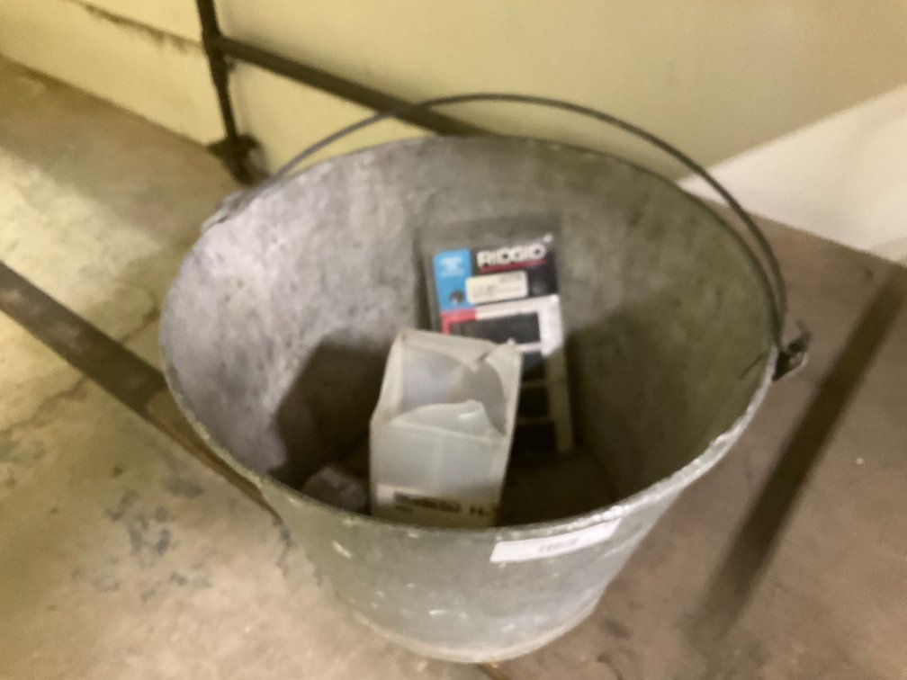 Vintage Metal Bucket, Pkg of Ridgid Pipe Dies, Maul Head and Flaring Tool