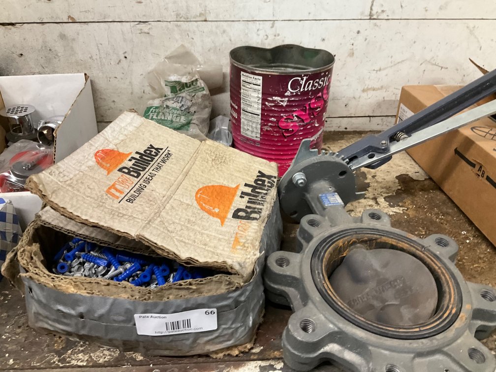 Box of Self Tapping Screws, 4" Milwaukee Valve, Assorted Nuts, Washers Etc.