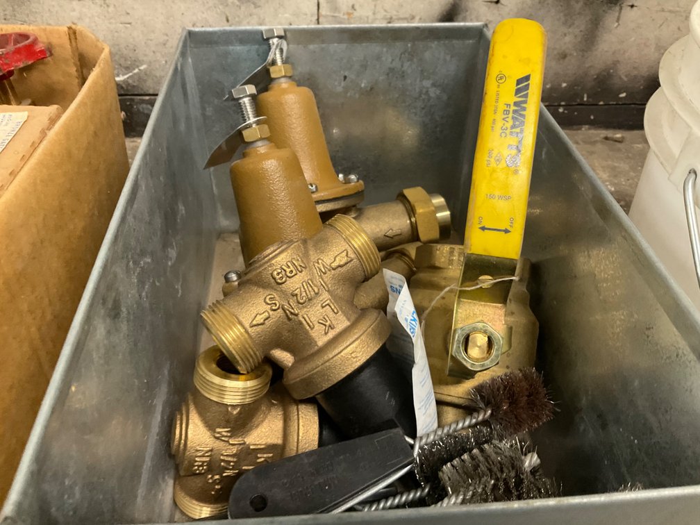(2) Watts 1" Thread x Sweat PRV, 2-1/2" Threaded Ball Valve, (2) Wilkins Thread 1/2" PRV and Assorted Wire Brushes