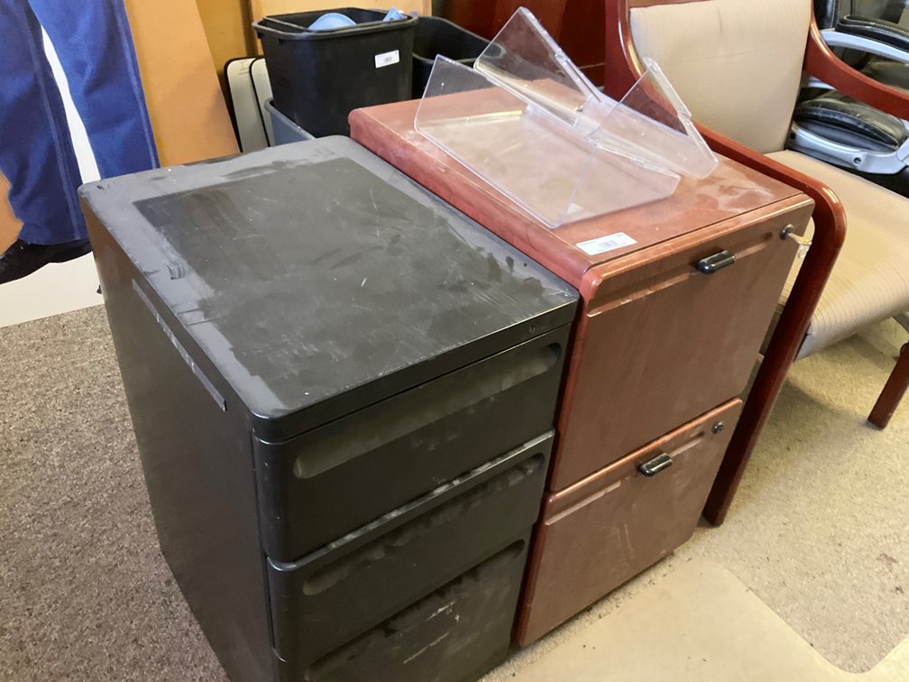 Wooden 2-Drawer File Cabinet with Key - 15.5"W x 20.5"D x 27.5"H, Black Metal 3-Drawer File Cabinet - 14.5"W x 19.5"D x 26.5"H (No Keys) and (2) Clear Wall Mount File Holders